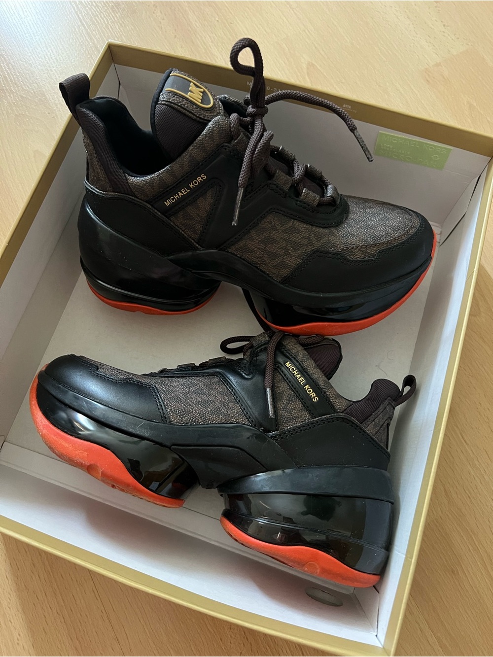 Michael Kors Men's Black and Brown Sneakers with Orange Outsole